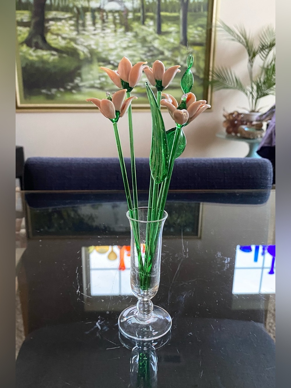 Vtg Hand Blown Art Glass Flowers Pink Tulips Bouquet & Trumpet Vase Set 8 Pieces